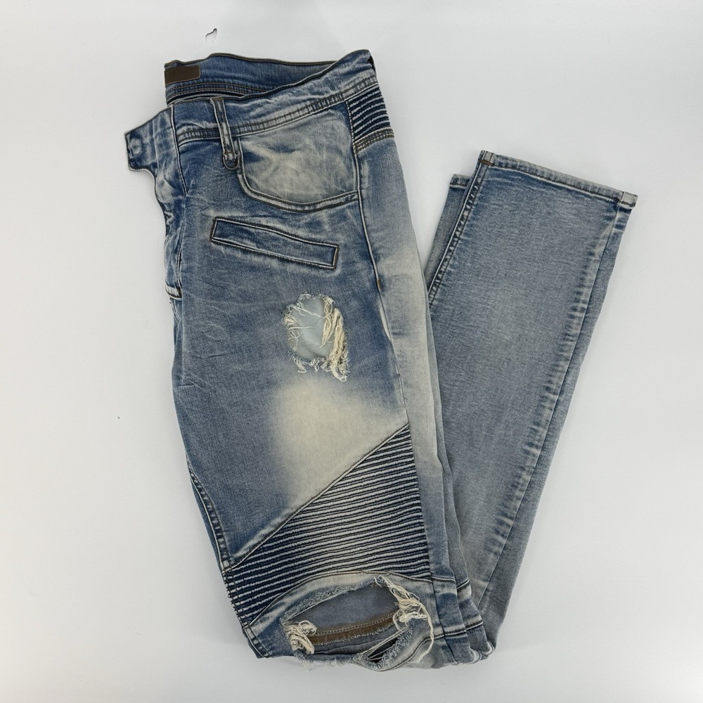 KDNK Jeans Mens Distressed Streetwear Denim Skinny Blue‎ Size 36 X 32 Biker Moto